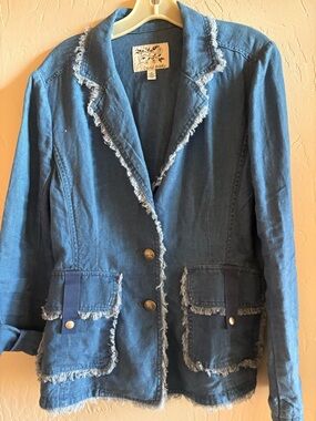 david brooks Blue Denim Frayed-Edge Blazer Jacket